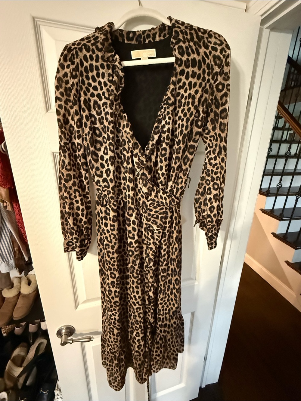 MICHAEL Michael Kors Leopard Print Long Sleeve Wrap Dress in Brown and Black